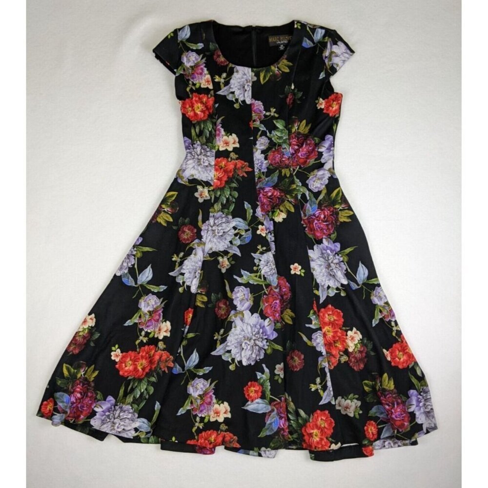 Marc Bouwer Unlimited Women's Dress Size XS Black Floral Print A-line Midi